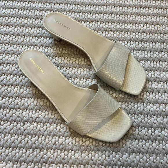 Reformation Christina Heeled Sandal in Almond Snake Emboss - Picture 3 of 7